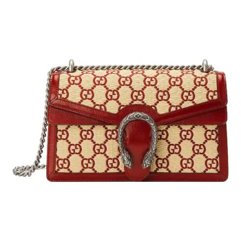 GUCCI Dionysus Leather Crossbody Bag Small Size Women's Burgundy/Beige Yellow/Color Block