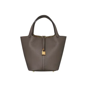 HERMES Picotin Clemence Bullock Leather Basket Bag Handbag Bucket Bag Women's 8F Gris ÉTain Tin Gray