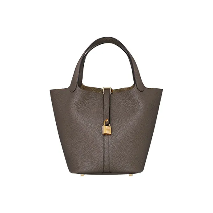 HERMES Picotin Clemence Bullock Leather Basket Bag Handbag Bucket Bag Women's 8F Gris ÉTain Tin Gray-0