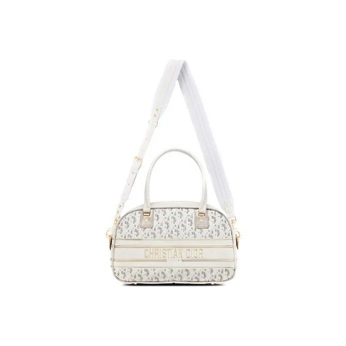 DIOR Cow Leather Bowling Bag, Gym Bag, One Shoulder Crossbody Bag, Travel Bag, Handbag Medium Size Women's White/Gold-3