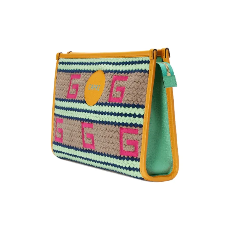 GUCCI Fabric With Leather Clutch Women's Yellow/Green/Pink-6
