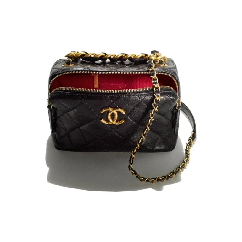CHANEL 22SS Metal Texture Sheepskin Bowling Bag, Shoulder Bag, Crossbody Bag Mini Women's Black-2