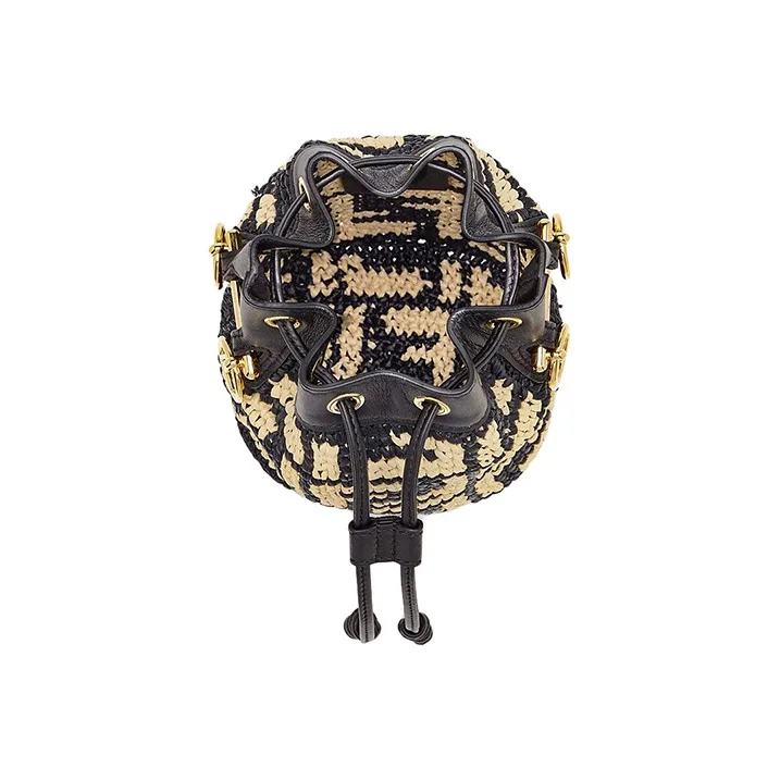 FENDI Mon Tresor Woven Raffia With Leather Handbag Mini Women's Black-3