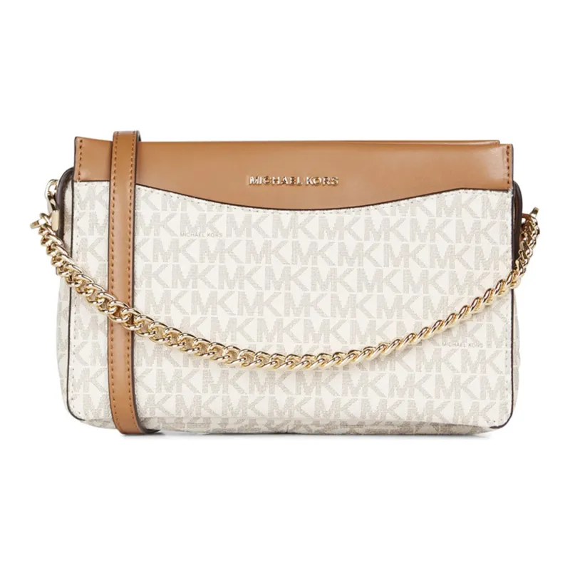 MICHAEL KORS MK Jet Set Leather Crossbody One Shoulder Handbag Large Size Women's Vanilla White & Acorn Brown-0