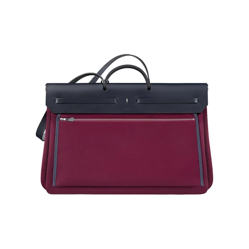 HERMES Officier Canvas With Hunter Cow Leather Travel Bag Handbag Shoulder Bag Crossbody Bag Women's Wine Red & Black-2