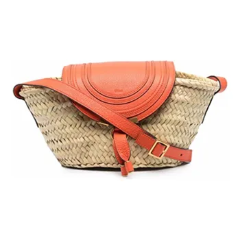 Chloe Marcie Raffia With Calfskin Basket Bag Shoulder Bag Crossbody Bag Regular Women's Beige & Orange