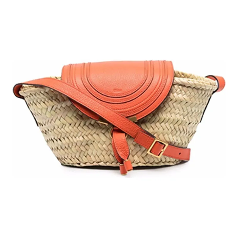 Chloe Marcie Raffia With Calfskin Basket Bag Shoulder Bag Crossbody Bag Regular Women's Beige & Orange-0