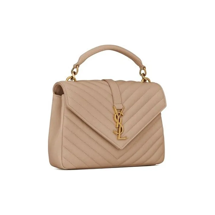 SAINT LAURENT College Quilted Leather Shoulder Bag, Crossbody Bag, Handbag Medium Size Women's Dark Beige-1