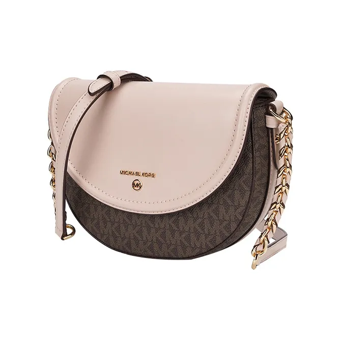 MICHAEL KORS Jet Set Charm Leather Saddle Bag Crossbody Bag Shoulder Bag Women's Dark Brown & Nude Pink-1