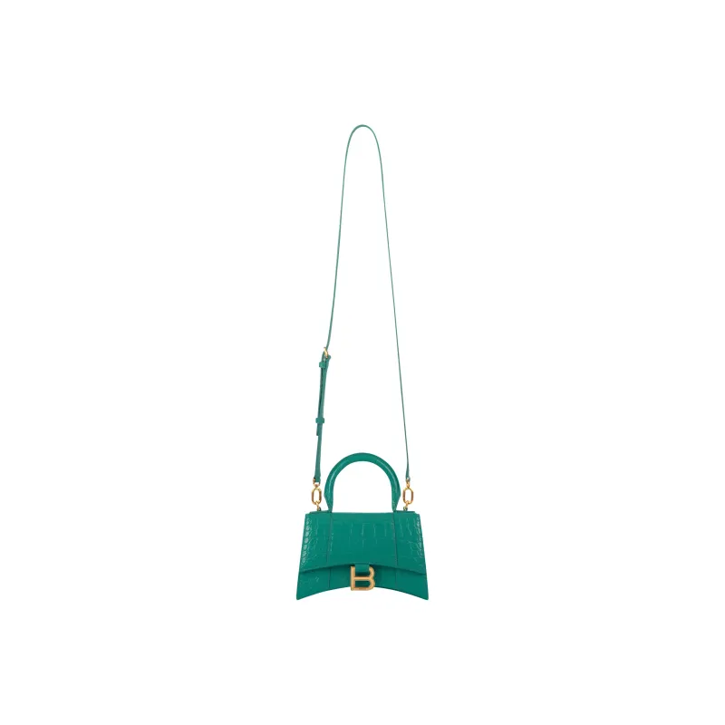Balenciaga Hourglass Bright Crocodile Pattern Embossed Cow Leather Crossbody One Shoulder Handbag Women's Green-1