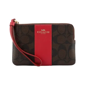 COACH Canvas With Leather Clutch Coin Purse Wrist Bag Women's Brown & Red