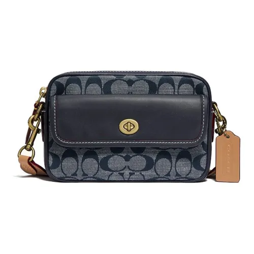 COACH Canvas With Leather Camera Bag, Small Square Bag, Crossbody Bag, Waist Bag, Shoulder Bag Women's Marine Blue