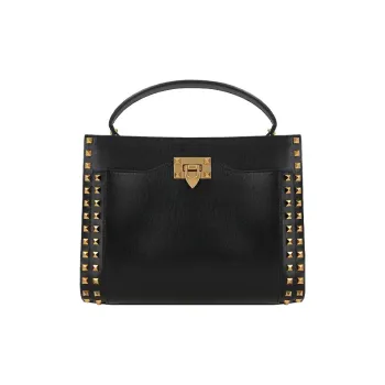 Valentino Rockstud Leather Handbag Medium Size Women's Black