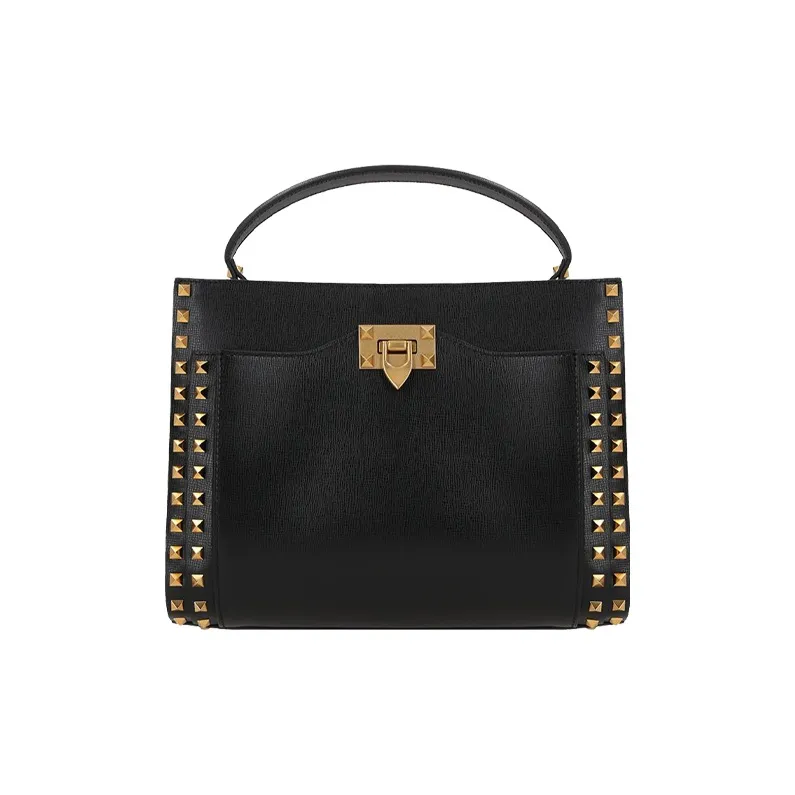 Valentino Rockstud Leather Handbag Medium Size Women's Black-0
