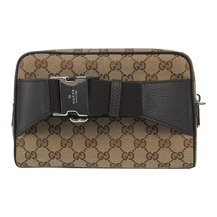 GUCCI Canvas With Leather Sling Bag, Fanny Pack Regular Unisex Ebony/Brown-4