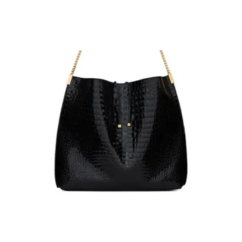 SAINT LAURENT Crocodile Pattern Stamped Leather Hobo Bag Shoulder Bag Crossbody Bag Medium Size Women's Black