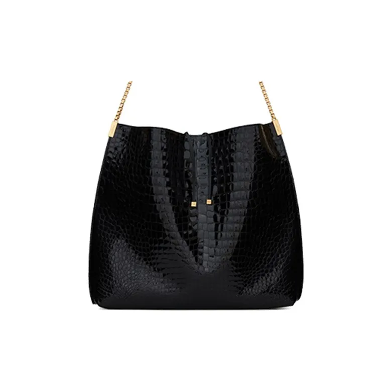 SAINT LAURENT Crocodile Pattern Stamped Leather Hobo Bag Shoulder Bag Crossbody Bag Medium Size Women's Black-0