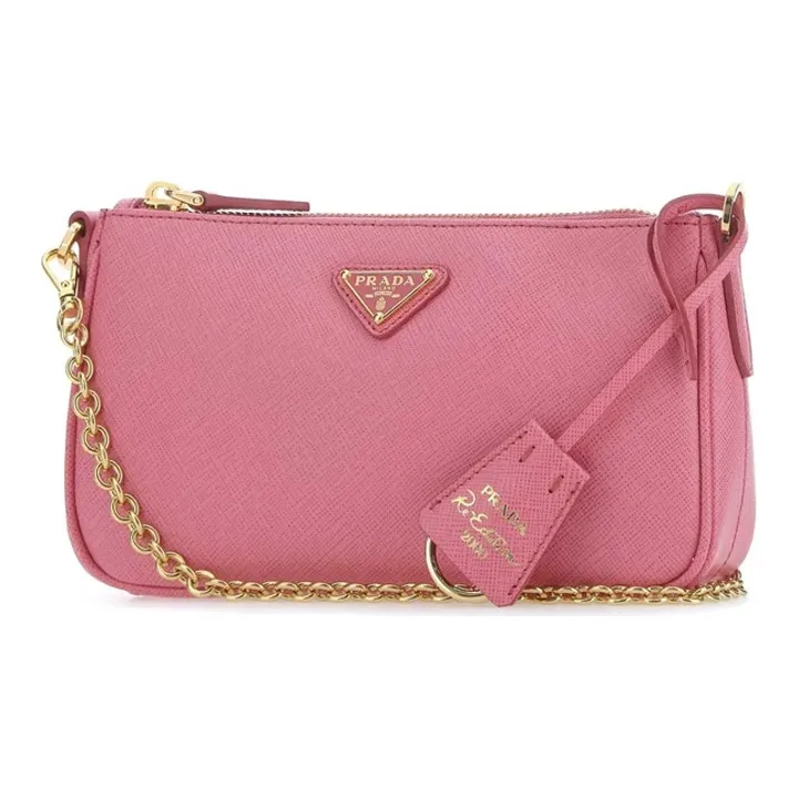PRADA Leather With Nylon Shoulder Bag Unisex Pink-1