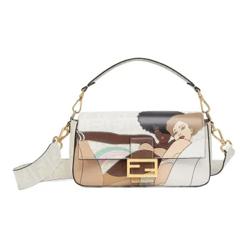 FENDI Baguette Leather Accented With Mink Fur Handbag Shoulder Bag Medium Size Women's Light Pink & White