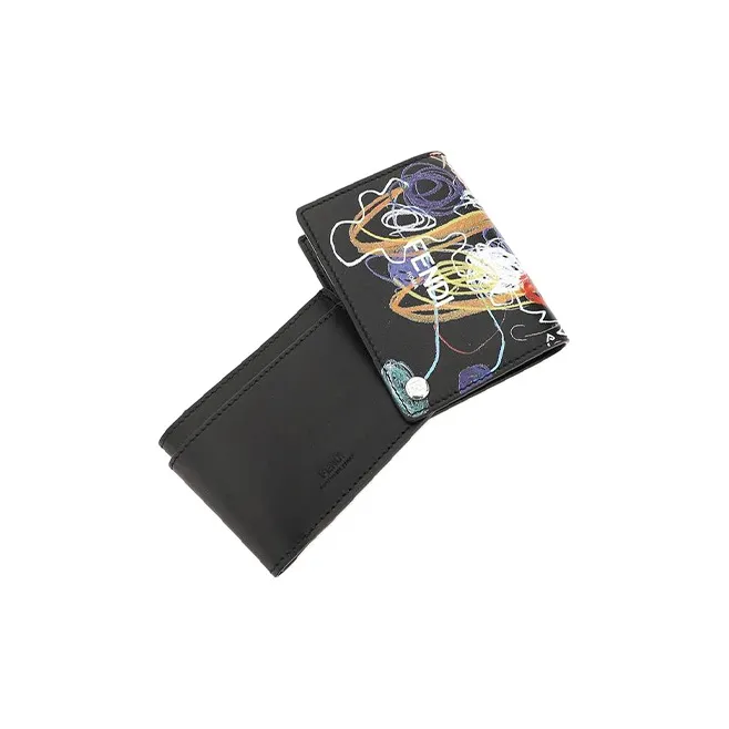 FENDI Calfskin Card Clip Card Holder Men's Black & Multicolor-3
