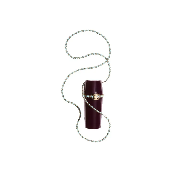 CHANEL Leather Lipstick Bag Necklace Pouch Crossbody Bag Women's Burgundy & Blue-0