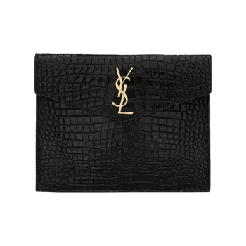 SAINT LAURENT UPTOWN Crocodile Pattern Embossed Leather Envelope Clutch Small Size Women's Black