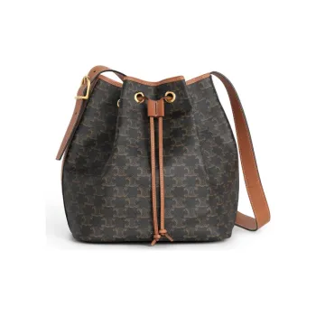 CELINE Triomphe Canvas With Calfskin Bucket Bag Handbag Shoulder Bag Crossbody Bag Large Size Women's Tawny