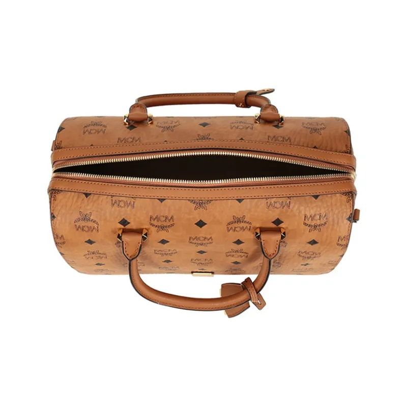 MCM Essential Visetos Origina Canvas With Leather Boston Bag, Handbag, Crossbody Bag, Shoulder Bag Women's Brown Cognac-4