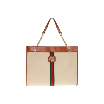 GUCCI Canvas With Leather Canvas Bag Tote, Chain One Shoulder Handbag Large Size Unisex Beige/Brown
