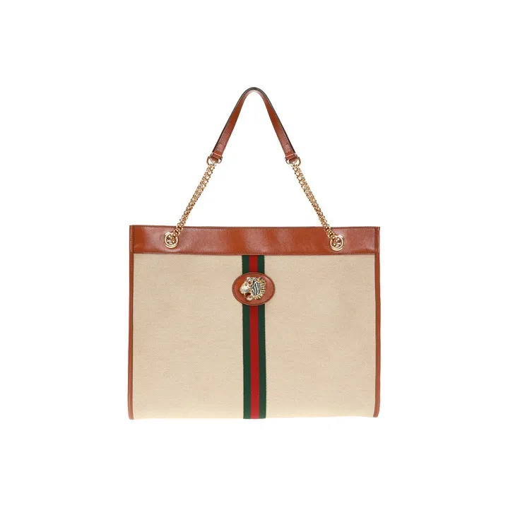 GUCCI Canvas With Leather Canvas Bag Tote, Chain One Shoulder Handbag Large Size Unisex Beige/Brown-0