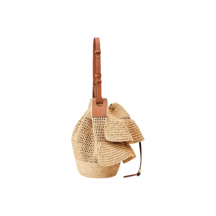 LOEWE Balloon Raffia Fiber Combined With Cow Leather Pleated Portable Crossbody Bag Shoulder Bag Women's Brown-1