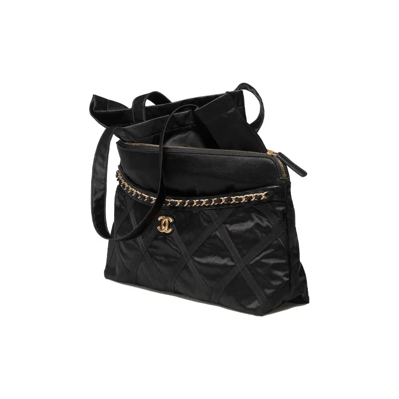 CHANEL Satin Tote Bag, Shopping Bag, Clutch, One Shoulder Handbag Tubas Unisex Black-1