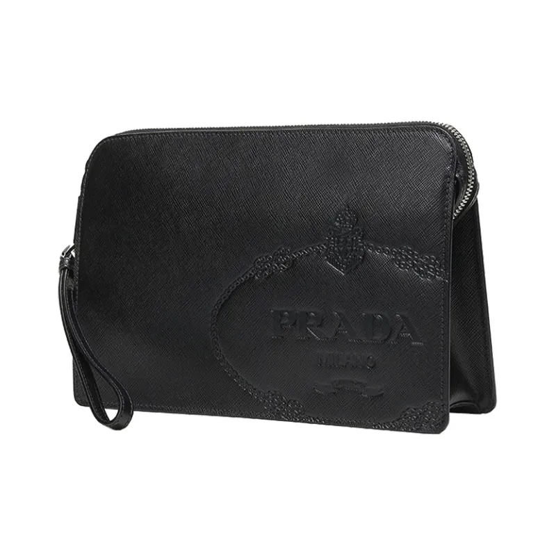 PRADA Cow Leather Clutch Men's Black-2