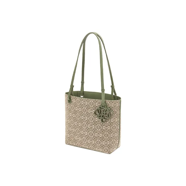 LOEWE Square Basket Canvas With Leather Canvas Bag Tote Bag Shopping Bag Shoulder Bag Handbag Small Size Women's Green-1