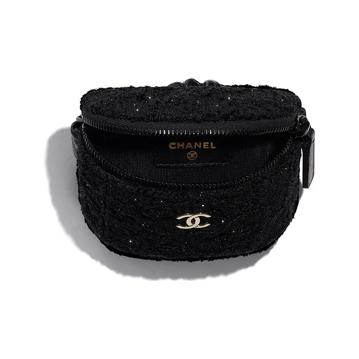 CHANEL Tweed Fleece With Leather Coin Purse Unisex Black-1