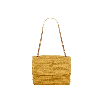 SAINT LAURENT Niki Raffia Mixed Leather Hobo Bag Chain Shoulder Bag Women's Wheat