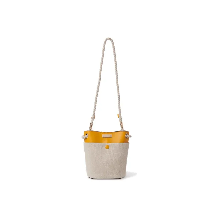 Chloe Key Linen With Calfskin Bucket Bag, Shoulder Bag, Crossbody Bag Small Size Women's Sunflower Yellow/Beige-0