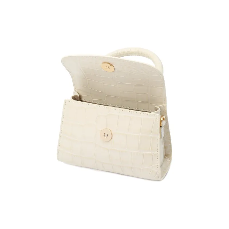 By Far Croco Cow Leather Small Square Bag, Portable Crossbody Bag, Shoulder Bag Mini Women's Cream White-1