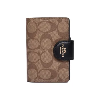 COACH Corner Zip Canvas With Leather Wrist Bag Clutch Mahjong Wallet Women's Brown/Black