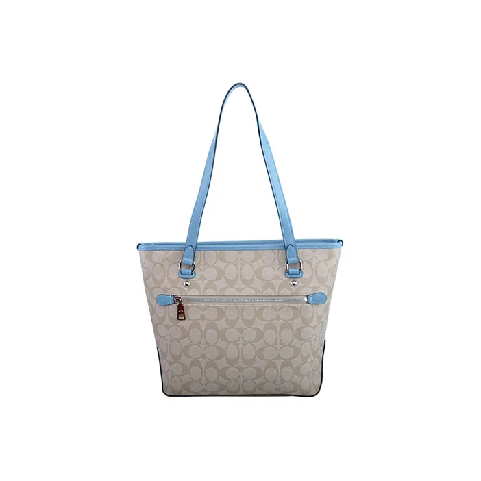 COACH Zip Top Tote Canvas With Leather Shoulder Bag Large Size Women's Light Khaki With Light Blue Accents-3