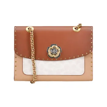 COACH Parker Canvas With Leather Shoulder Bag, Crossbody Bag Medium Size Women's Caramel & White Monogram