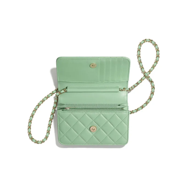 CHANEL Lambskin And Gold Metal Wallet Mini Women's Green-3