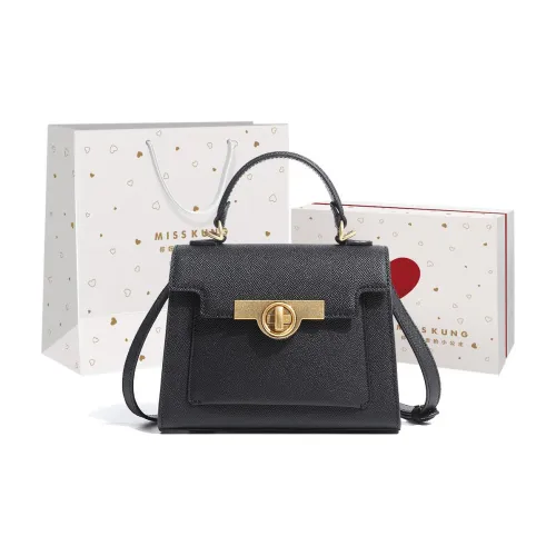 Miss Kung Cow Leather Kelly Bag Handbag Crossbody Bag Medium Size Women's Black