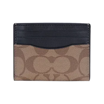 COACH Card Case Coated Canvas With Leather Card Holder, Wallet Men's Black & Tan Khaki Monogram