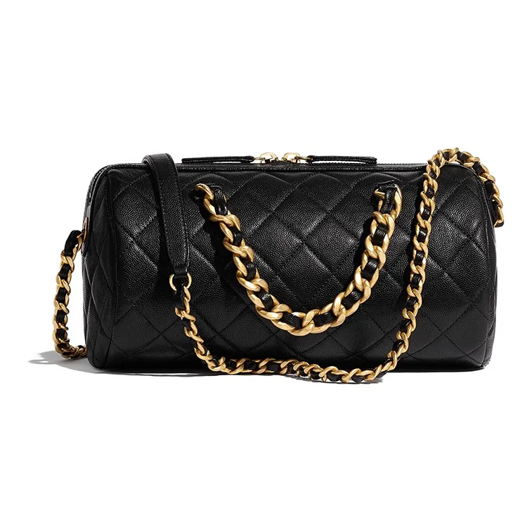 CHANEL Calfskin With Gold Tone Metal Bowling Bag, Shoulder Bag Women's Black-1