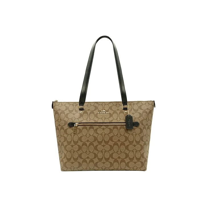 COACH Gallery PVC Tote Bag Shopping Bag Shoulder Bags Large Size Women's Khaki Monogram & Black Shoulder Strap-0