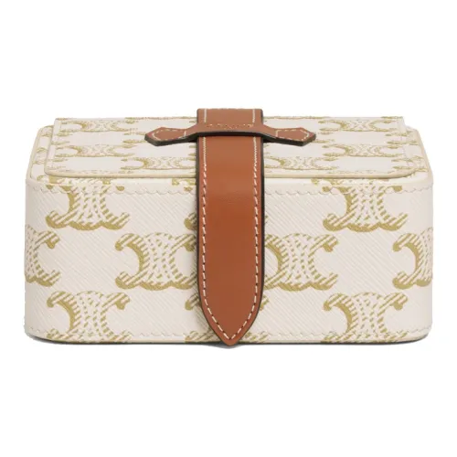 CELINE Triomphe Canvas And Cow Leather Jewelry Box, Toiletry Bag, Makeup Bag Small Size Unisex White