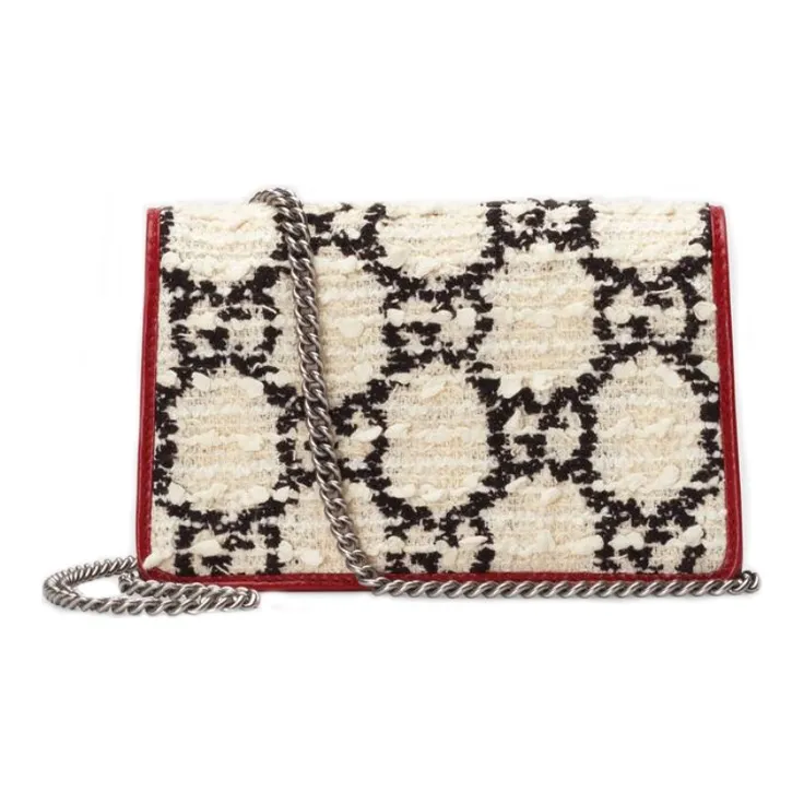 GUCCI Tweed With Leather Chain Shoulder Bag Crossbody Bag Extra Mini Women's White/Red-3