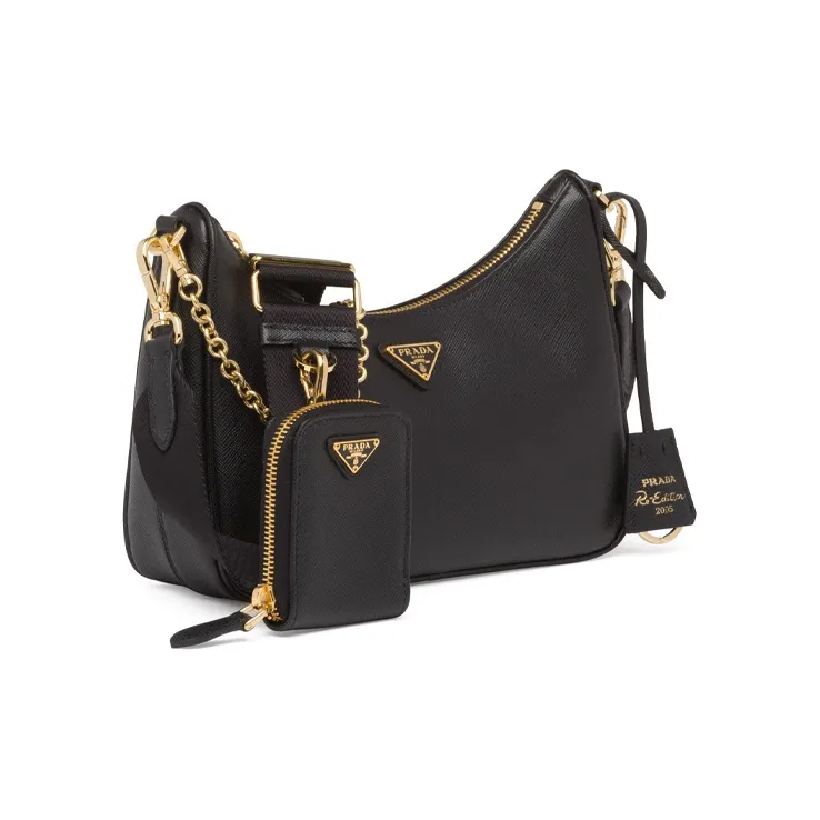 PRADA Re Edition Leather Shoulder Bag, Crossbody Bag, Handbag Women's Black/Gold-2
