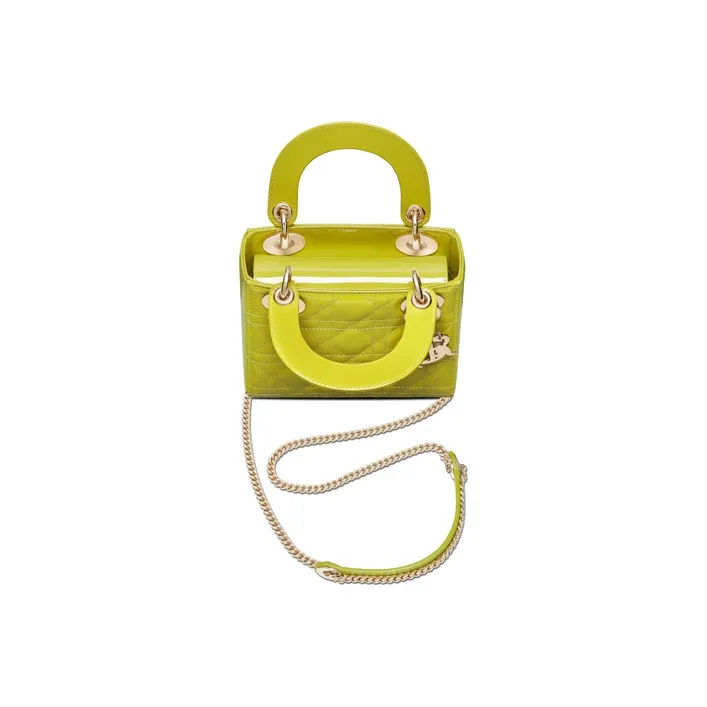 DIOR Lady Dior Patent Leather Cowhide Dior Bag Shoulder Bag Crossbody Bag Mini Women's Green Yellow-2